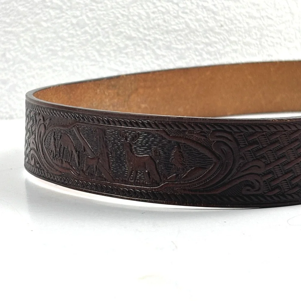 Leather Belt Mens 36 Brown Tooled Wildlife Deer Basketweave Western Embossed